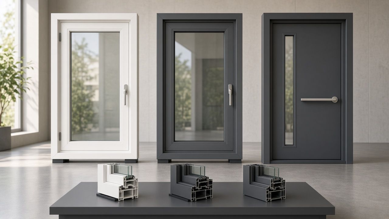 White vinyl tilt-and-turn window, dark gray aluminum window, and entry door with frame cross-sections