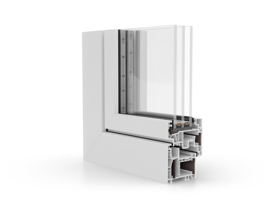 Corner section of a deep white PVC window profile with triple glazing (render)