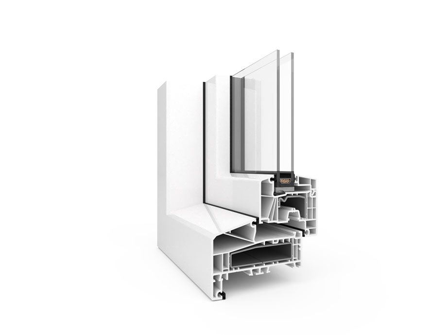Corner section of a white 120 mm PVC window frame profile, 3D render