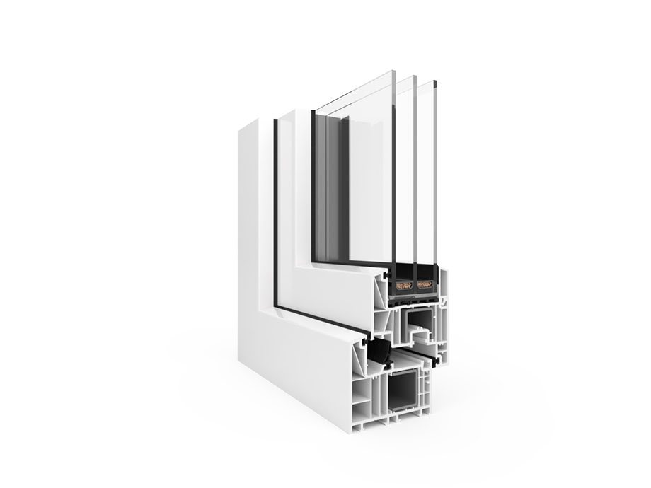 Corner section of a white uPVC window profile, 3D render